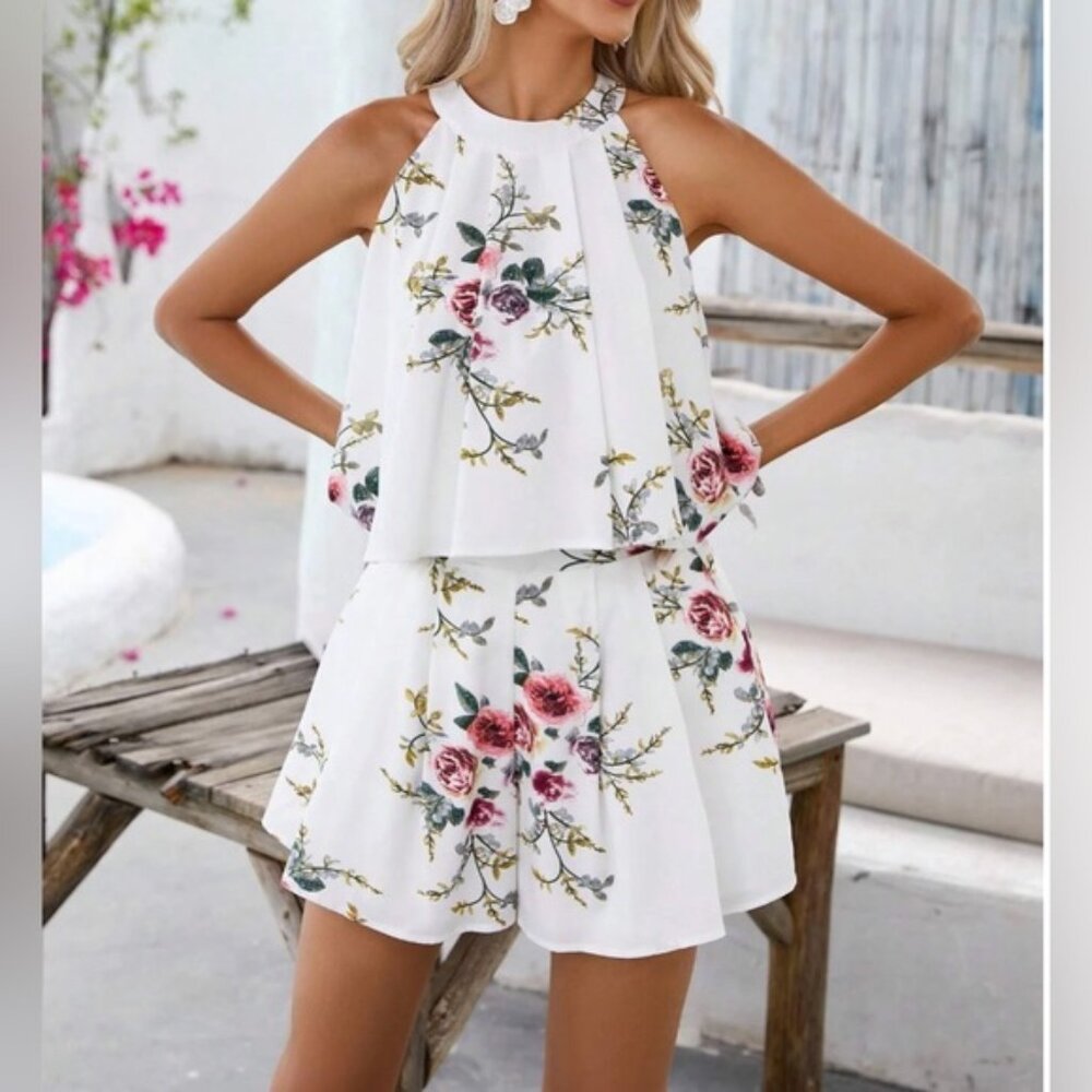 White Floral Print Tie Back Halter Blouse  & Shorts